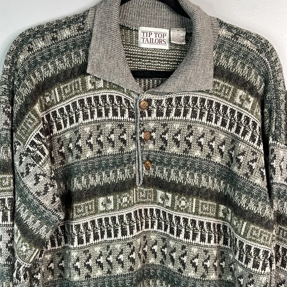 VINTAGE 90s Mens Wool Blend Tip Top FairIsle Style Polo Collar Sweater Grey M - Picture 3 of 11